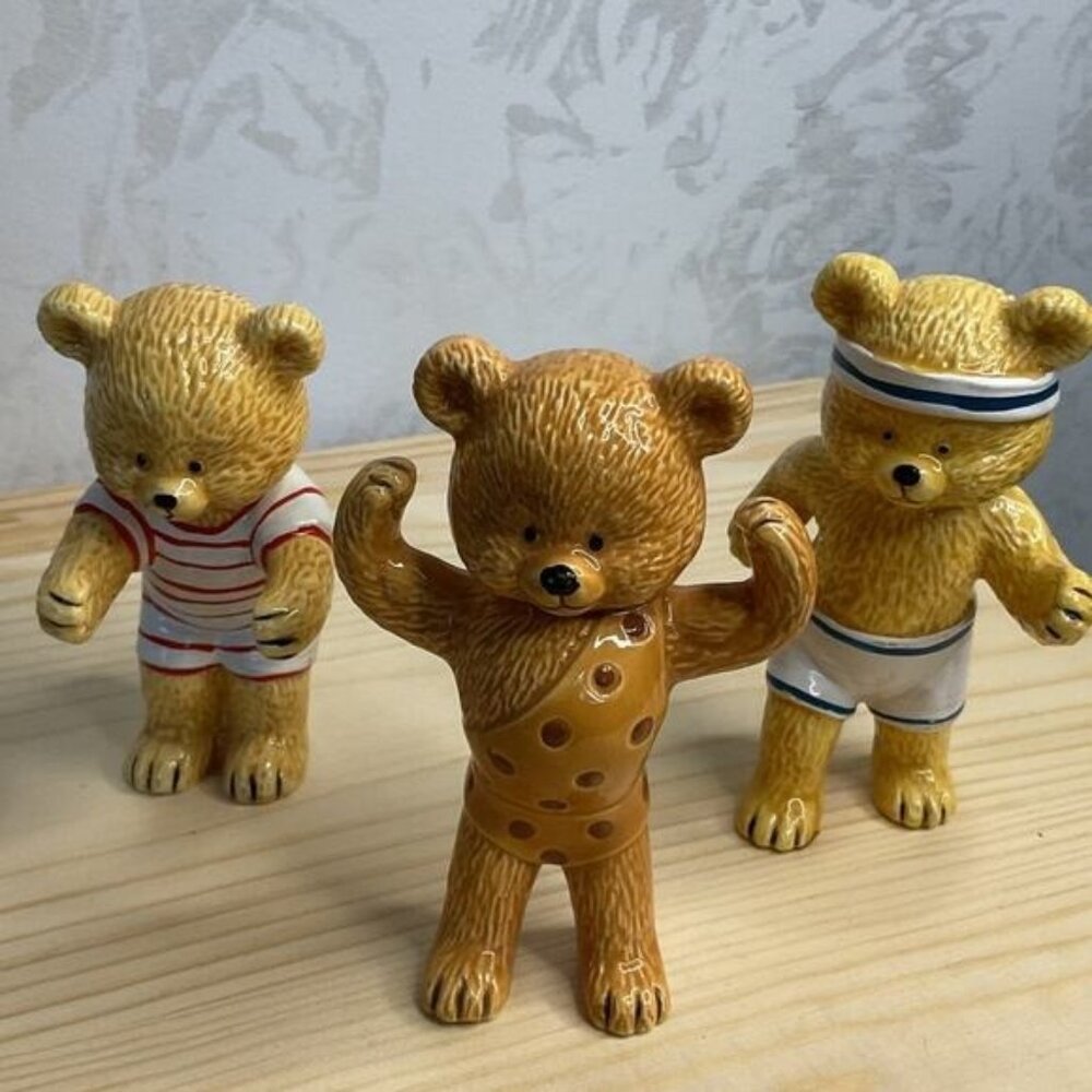 Three Danbury Mint Genuine Bone China Athletic Exercising Bear Figurines